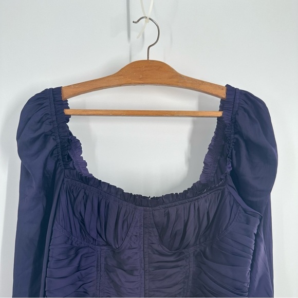 Ulla Johnson Purple Mia Ruched Satin Peplum Blouse - Picture 3 of 13